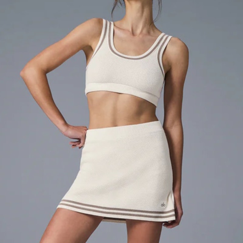 Alo Tennis Club Sweater Knit Bra + Skirt Set Ivory Gravel Hidden Shorts Pocket